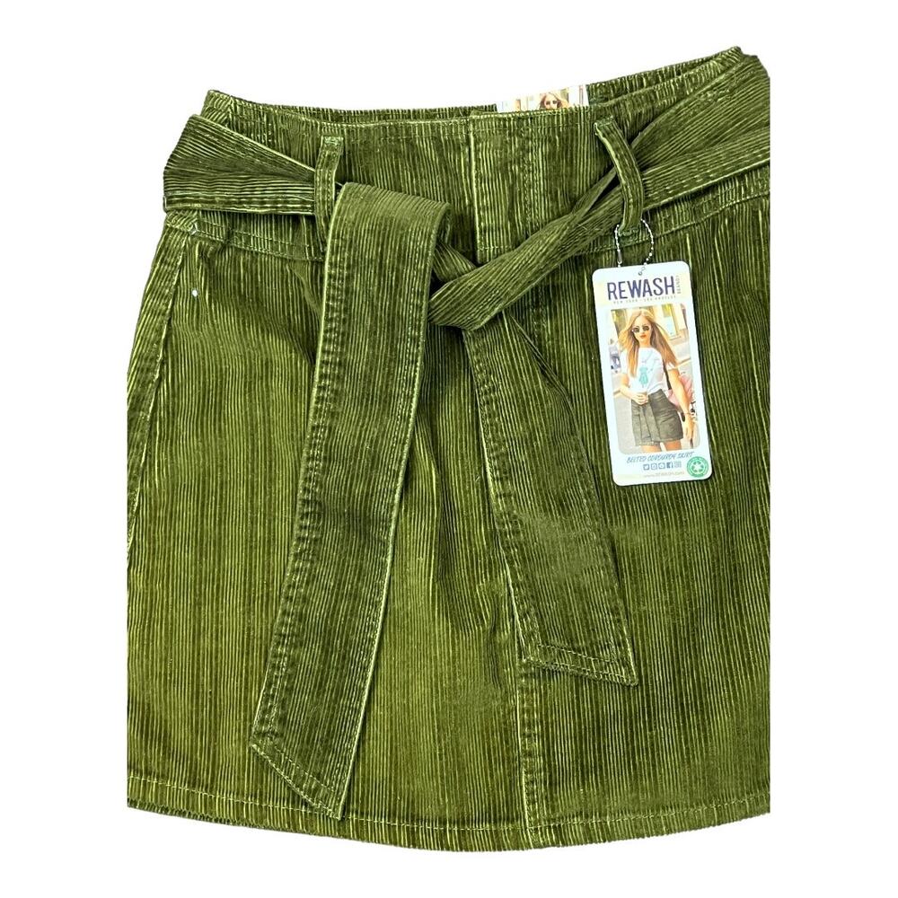 Rewash NWT Corduroy Mini Skirt Juniors 5/27 Green Tie Waist A Line Retro - Picture 2 of 5